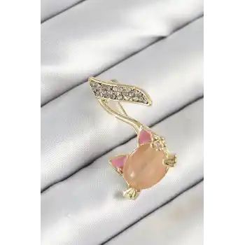 Zirkon Taşlı 3D Kedi Detaylı Nota Figürlü Gold Renk Kadın Broş