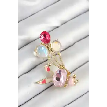 Zirkon Taşlı  Balonlu Pembe Tavşan Figürlü Gold Renk Kadın Broş