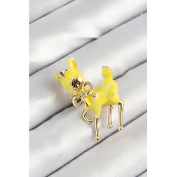 Zirkon Taşlı Fiyonk Detaylı 3D Sarı Ceylan Figürlü Gold Renk Kadın Broş