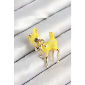 Zirkon Taşlı Fiyonk Detaylı 3D Sarı Ceylan Figürlü Gold Renk Kadın Broş