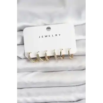 Zirkon Taşlı Gold Renk Pirinç Kadın Küpe Seti