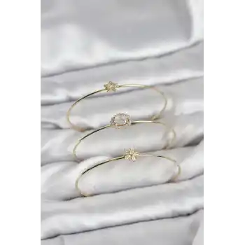 Zirkon Taşlı Gold Renk Tek Taş Model 3lü Kadın Bileklik Kombini