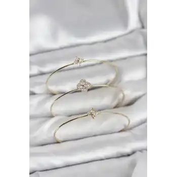 Zirkon Taşlı Gold Renk Yonca Tasarım 3lü Kadın Bileklik Kombini
