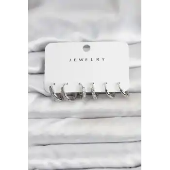 Zirkon Taşlı Gümüş Renk Pirinç Kadın Küpe Seti