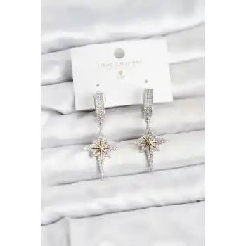 Zirkon Taşlı Gümüş Renk Pirinç Kutup Yıldızı Model Kadın Küpe