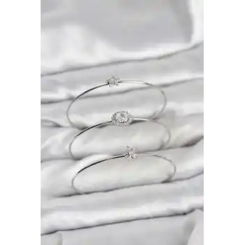 Zirkon Taşlı Gümüş Renk Tek Taş Model 3lü Kadın Bileklik Kombini