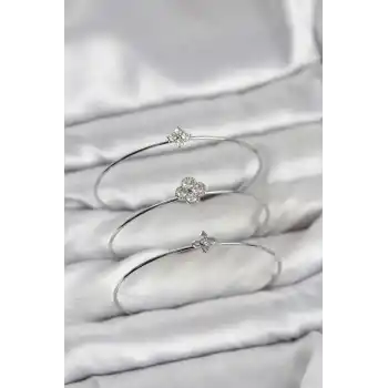 Zirkon Taşlı Gümüş Renk Yonca Tasarım 3lü Kadın Bileklik Kombini