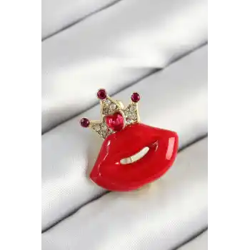 Zirkon Taşlı Kraliçe Taç Detaylı 3D Kırmızı Dudak Figürlü Gold Renk Kadın Broş