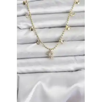 Zirkon Taşlı Kutup Yıldızı Model Pirinç Gold Renk Kadın Kolye