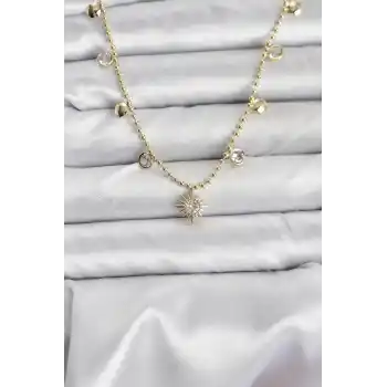 Zirkon Taşlı Kutup Yıldızı Model Pirinç Gold Renk Kadın Kolye