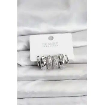 Zirkon Taşlı Pirinç Gümüş Renk Halka Kadın Küpe Seti