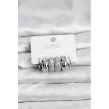 Zirkon Taşlı Pirinç Gümüş Renk Halka Kadın Küpe Seti