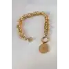 316L Çelik Gold Renk 2li Zincir Model Çeyrek Altınlı Kadın Bileklik