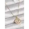 316L Çelik Gold Renk Zincir Zirkon Taş Detaylı Beyaz Sedefli Ay Yıldız Model Kadın Kolye