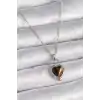 316L Çelik Gümüş Renk Zincir Kilit Kalp Kehribar Boncuk Model Kadın Kolye