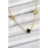 316L Çelik Zincir Gold Renk Siyah ve Zirkon Taşlı Baby Boy Yonca Kadın Kolye