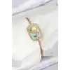 316L Çelik Zincir Turkuaz Mineli Sanatsal Portre İnci Detaylı Papatya Model Gold Renk Kadın Bileklik