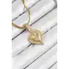 316L Çelik Zirkon Taşlı Kalp Model Gold Renk Kadın Kolye