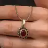 Gümüş Kırmızı Taşlı Çiçek Model Kadın Kolye