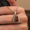 Gümüş Kırmızı Taşlı Dikdörtgen Kadın Kolye