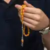 Gümüş Püsküllü Sarı Kapsül Kesim Sıkma Kehribar Tesbih
