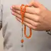 Gümüş Püsküllü Turuncu Kapsül Kesim Sıkma Kehribar Tesbih