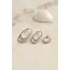 Gümüş Renk Oval Halka Model Zirkon Taşlı 3 lü Küpe Set
