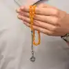 Gümüş Turuncu Kazaz Püsküllü Sıkma Kehribar Tesbih