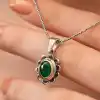 Gümüş Yeşil Çiçek Desenli Otantik Kadın Kolye