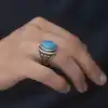 Gümüş Zirkon Turkuaz Taşlı Oval Erkek Yüzük