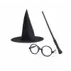 Harry Potter Tarzı Çocuk Seti - Siyah Keçe Şapka, Asa, Gözlük