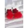 Kırmızı Renk Tüylü Yıldız Ponpon Model Kadın Küpe