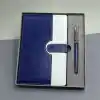 Mavi Beyaz Deri Kapaklı Defter Ve Metal Kalem Set