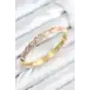 Mineli Pirinç Zirkon Taşlı Pembe Çiçek Motifli Gold Kadın Kelepçe