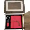 Özel Ahşap Kutulu Kırmızı Deri Defter ve Anahtarlık Set