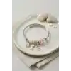 Pembe Dinazor Model Charmlı Gümüş Renk Bileklik
