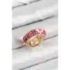 Pirinç Fuşya Mineli Çiçek Motifli Gold Renk Ayarlanabilir Kadın Yüzük