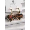 Pirinç Gold Renk 3D Kalp Leopar Desen Model Kadın Küpe