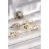 Pirinç Gold Renk Beyaz Gül Figür Kalp İşlemeli Sarmal Detay 6Lı Kadın Yüzük Seti