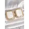 Pirinç Gold Renk Beyaz Mineli Kare Model Kadın Küpe