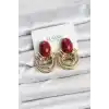Pirinç Gold Renk Bordo Taşlı Vintage Kadın Küpe