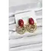 Pirinç Gold Renk Bordo Taşlı Vintage Kadın Küpe