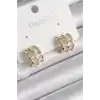 Pirinç Gold Renk Çift Sıra Zirkon Taşlı Kadın Küpe