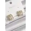 Pirinç Gold Renk Çift Sıra Zirkon Taşlı Kadın Küpe