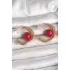 Pirinç Gold Renk Halka Model Kırmızı Boncuk Detay Kadın Küpe