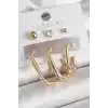Pirinç Gold Renk Halka Model Zirkon Taş Topçuk Detay Kadın Küpe Seti