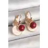 Pirinç Gold Renk Sallantı Beyaz Mineli Bordo Detay Kadın Küpe