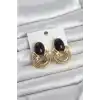 Pirinç Gold Renk Siyah Taşlı Vintage Kadın Küpe