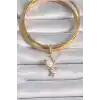 Pirinç Gold Renk Zirkon Taş Detaylı Hilal Model Sallantı İncili Ajda Charm