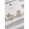 Pirinç Gold Renk Zirkon Taşlı 2Li Çiçek Model Kadın Küpe